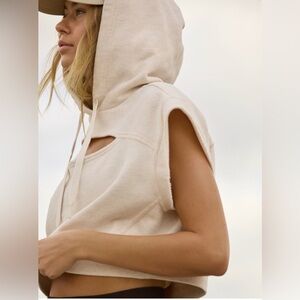 Aerie OFFLINE Throw-Back Cut Off Hoodie Cream